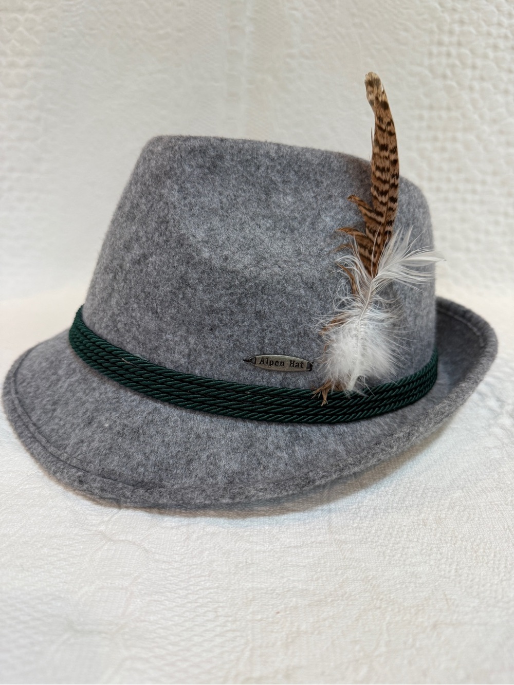 Alpen Bavarian Hat Grey German Fedora Oktoberfest Feather Green Rope